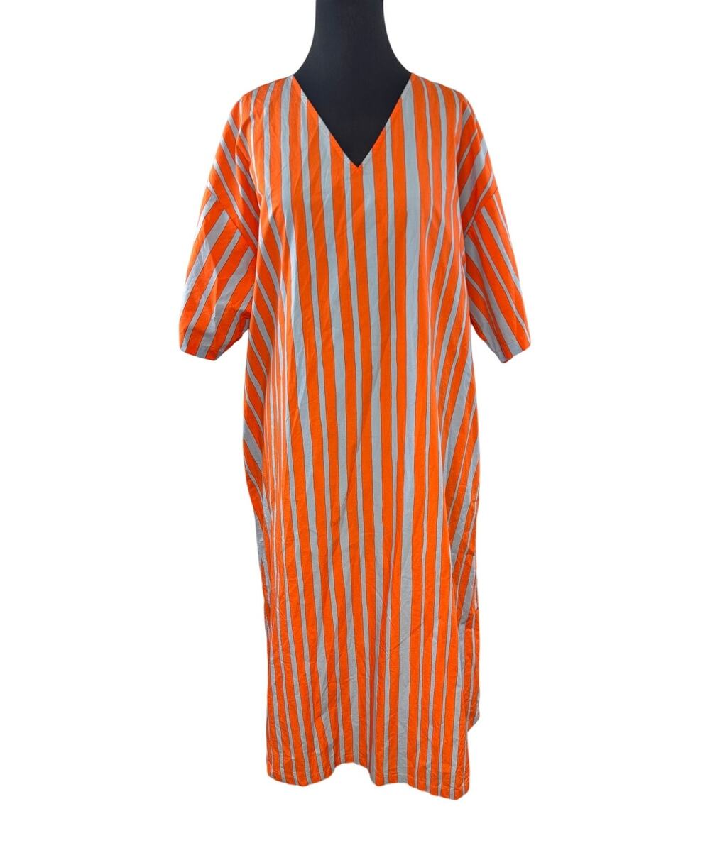 Marimekko x Uniqlo Orange Blue Kaftan Dress Striped V-Neck Size XS X-Small